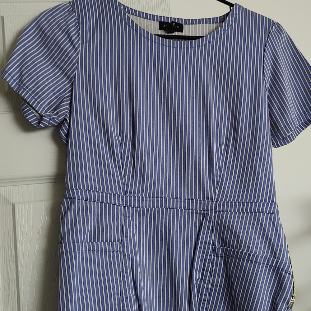 Blue and White Striped Scrub Top